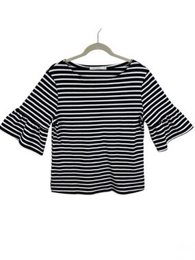 Ellison‎ 100% Cotton Black White Striped Half Ruffled Bell Sleeve Knit Blouse M